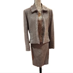 Tahari 3 piece Size 12 suit wool beige lace fur